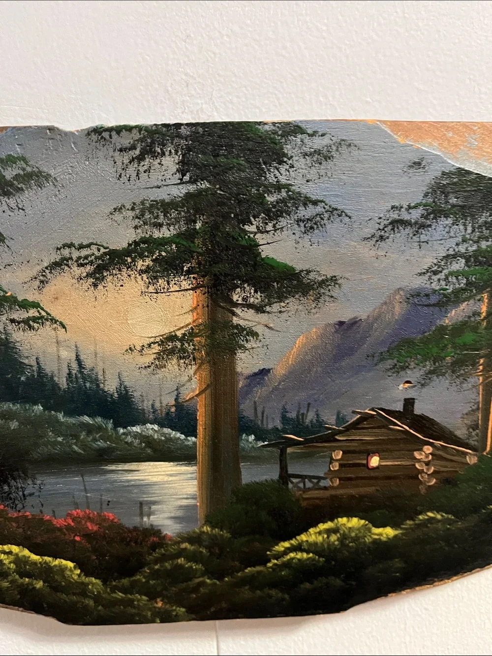 Hand painted wood cabin scene (Joe Breckenridge) possibly wall decor
